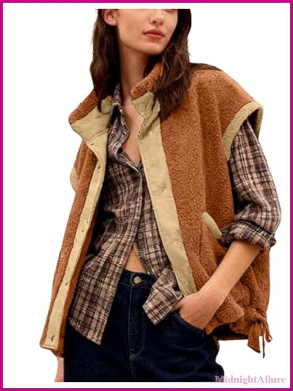 Women's Sherpa Fleece Vest Fuzzy Mock Neck Button Down Sleeveless Winter Warm
